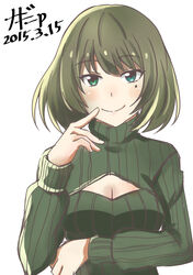  blue_eyes blush breasts brown_hair cleavage commentary_request dated female finger_to_mouth green_eyes heterochromia idolmaster idolmaster_cinderella_girls long_sleeves looking_at_viewer medium_breasts meme_attire mole mole_under_eye naginoya open-chest_sweater ribbed_sweater short_hair smile solo sweater takagaki_kaede turtleneck upper_body white_background 