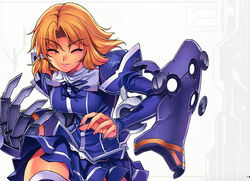  absurdres blonde_hair blue_ribbon blush breasts chiffon_fairchild claw_(weapon) claws closed_eyes dress facing_viewer female freezing_(series) highres kim_kwang_hyun large_breasts lips official_art parted_lips photoshop_(medium) ribbon scan school_uniform shirt skirt skirt_set smile solo weapon 