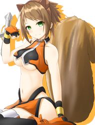  animal_ears blazblue breasts brown_hair commentary_request cosplay crop_top female fingerless_gloves gloves green_eyes halterneck headgear highres kantai_collection large_breasts makoto_nanaya makoto_nanaya_(cosplay) midriff mutsu_(kancolle) orange_skirt ruga_(orage38) short_hair sitting skirt smile solo squirrel_ears squirrel_girl squirrel_tail tail thighhighs tonfa underboob wariza weapon 