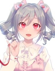  :d aged_down blush bow bowtie commentary_request dress drill_hair eyebrows eyelashes female finger_ribbon frilled_bow frilled_dress frilled_shirt_collar frills grey_hair hair_between_eyes hairbow heart idolmaster idolmaster_cinderella_girls kanzaki_ranko long_hair long_sleeves looking_at_viewer open_mouth pink_bow pinky_out red_eyes red_ribbon ribbon simple_background smile solo string string_of_fate twin_drills twintails upper_body uso_(ameuzaki) white_background white_bow white_bowtie 