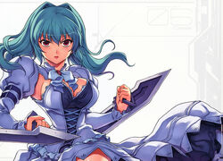  absurdres aqua_hair blush breasts cassie_lockheart cleavage female fingerless_gloves freezing_(series) gloves highres kim_kwang_hyun large_breasts lips lipstick long_hair makeup official_art open_mouth photoshop_(medium) red_eyes scan simple_background solo sword weapon white_background 