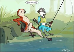  2013 anthro avian bird digital_media_(artwork) duo english_text female fishing fishing_rod kitsune_(character) male owl shiro_(disambiguation) text tuke worm 