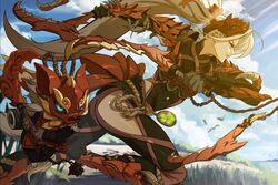  armor blue_sky cloud commentary day english_commentary feline felyne female hair_ornament highres hip_vent jimbobox kusarigama light_rays mask monster_hunter:_world monster_hunter_(character) monster_hunter_(series) odogaron_(armor) ponytail sickle sky smile sunlight weapon 