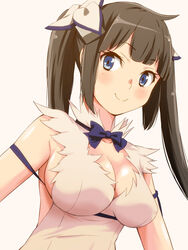  black_hair blue_eyes blue_ribbon bow breasts cleavage cleavage_cutout clothing_cutout commentary_request dress dungeon_ni_deai_wo_motomeru_no_wa_machigatteiru_darou_ka female hair_ornament hestia_(danmachi) highres large_breasts long_hair pre3445 rei_no_himo ribbon smile solo twintails white_dress 