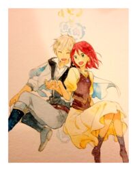  1boy akagami_no_shirayukihime belt blonde_hair blue_eyes boots cape couple dress earrings female green_eyes hand_holding prince red_hair shirayuki_(akagami_no_shirayukihime) watercolor zen_wistalia 