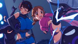  2girls ass bare_shoulders belt black_footwear black_gloves blue_bodysuit blush bodysuit boots breasts brown_eyes brown_hair closed_eyes commentary_request elbow_gloves fingerless_gloves gloves hairband headlock hip_focus huge_breasts idolmaster idolmaster_cinderella_girls jumpsuit katagiri_sanae kicking large_breasts long_sleeves low_twintails mixed-sex_combat multiple_girls oikawa_shizuku open_mouth parted_bangs pink_bodysuit pole_(ppp1409) pouch sexy_guilty_(idolmaster) short_hair short_twintails swept_bangs thigh_boots thighhighs thighs twintails zipper 