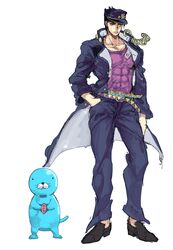  1boy black_hair bonobono bonobono_(character) chains commentary_request crossover gakuran green_eyes halu-ca hat jojo_no_kimyou_na_bouken kujo_jotaro otter school_uniform 