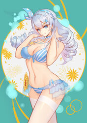  arched_back bare_arms bare_shoulders benghuai_xueyuan bikini bikini_skirt blue_background blue_bikini blue_choker blue_eyes blue_hairband breasts chinese_commentary choker cleavage closed_mouth collarbone commentary_request drill_hair earrings female floral_background flower front-tie_bikini_top front-tie_top groin hair_ornament hairband hairclip halterneck hand_in_own_hair hands_up head_tilt highres honkai_(series) honkai_impact_3rd jewelry kiana_kaslana large_breasts liu_lan long_hair looking_at_viewer navel polka_dot polka_dot_choker polka_dot_hairband see-through shiny_skin sidelocks smile solo standing star_(symbol) star_hair_ornament stomach striped_bikini striped_clothes sunflower swimsuit thighhighs twin_drills twintails white_hair white_thighhighs yellow_flower 