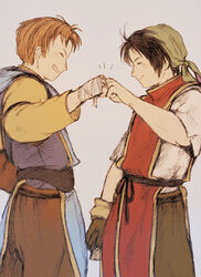  2boys bandana black_hair brown_hair commentary_request fist_bump gensou_suikoden gensou_suikoden_i gloves happy looking_at_another maeka_(kumaekake) male_focus multiple_boys open_mouth pants photoshop_(medium) robe smile tabard ted_(suikoden) tir_mcdohl 