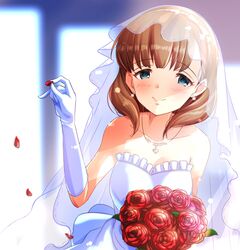  arm_up bare_shoulders blue_eyes blush bouquet breasts bridal_veil brown_hair closed_mouth commentary_request dress earrings elbow_gloves female flower gloves hairband highres holding holding_bouquet idolmaster idolmaster_cinderella_girls jewelry looking_at_viewer medium_breasts medium_hair nanananananasea necklace pendant petals pinky_out red_flower red_rose rose rose_petals sakuma_mayu smile solo sparkle strapless strapless_dress stud_earrings tareme upper_body veil wedding_dress white_dress white_gloves 