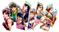  2girls 6+boys battle_tendency bubble chains commentary_request crazy_diamond diamond_wa_kudakenai dixie_cup_hat double_bun double_v family gakuran giorno_giovanna gold_experience hair_bun hat headband hermit_purple higashikata_josuke higashikata_josuke_(jojolion) johnny_joestar jojo_no_kimyou_na_bouken jojolion joka_(night_gate) jonathan_joestar joseph_joestar joseph_joestar_(young) kujo_jolyne kujo_jotaro military_hat multiple_boys multiple_girls phantom_blood plant pompadour scarf school_uniform silhouette soft_&amp;_wet stand_(jojo) star_platinum stardust_crusaders steel_ball_run stone_free stone_ocean tusk_(stand) tusk_act1 v vento_aureo vines 