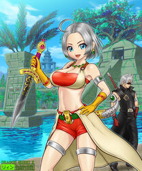  1boy :d ahoge architecture armlet bandeau blue_eyes breasts coat commentary_request copyright_name dagger dragon_quest dragon_quest_x earrings female gem gloves hand_on_own_hip highres holding holding_weapon jewelry knife large_breasts looking_at_viewer maya_(culture) midriff navel necklace open_mouth overcoat pre-columbian_architecture raul_(dq10) red_shorts riin_(dq10) short_hair shorts silver_hair smile solo_focus sunglasses thigh_strap ur_(wulfa) water watermark weapon web_address 