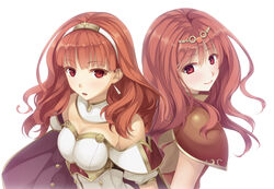  2girls armor back-to-back bare_shoulders breastplate breasts brown_armor cape celica_(fire_emblem) celica_(warrior_princess)_(fire_emblem) circlet cleavage commentary_request detached_collar dress dual_persona earrings eyebrows fire_emblem fire_emblem_echoes:_shadows_of_valentia fire_emblem_gaiden hair_ornament imachireki jewelry long_hair looking_at_viewer medium_breasts multiple_girls open_mouth photoshop_(medium) red_armor red_eyes red_hair short_sleeves shoulder_pads sleeveless smile tiara white_armor white_dress 