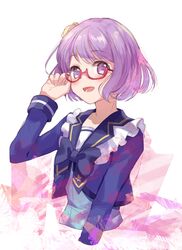  :d adjusting_eyewear aikatsu!_(series) aikatsu_stars! bow commentary_request cropped_torso female glasses hair_ornament jacket long_sleeves looking_at_viewer nanakura_koharu onbin_ha open_mouth purple_eyes purple_hair red-framed_eyewear school_uniform semi-rimless_eyewear short_hair smile solo star_(symbol) upper_body yotsuboshi_academy_school_uniform 