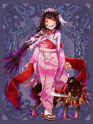  black_hair canine commentary_request dennryuurai female horns japanese_clothes kimono psychic_hearts rococo_movement sword torn_clothes weapon yellow_eyes 