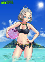  ahoge ass_visible_through_thighs belly_chain bikini black_bikini blue_eyes breasts cleavage commentary_request contrapposto copyright_name dragon_quest dragon_quest_x earrings female front-tie_bikini_top front-tie_top gem hand_on_own_hip island jewelry large_breasts navel necklace ocean riin_(dq10) short_hair side-tie_bikini_bottom silver_hair smile solo standing stomach swimsuit ur_(wulfa) wading water watermark web_address wet 