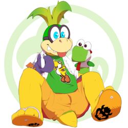  1:1 2017 3_toes 4_fingers alpha_channel anthro biped clothed clothing coat eyewear feet fingers front_view fully_clothed glasses green_yoshi hollo_nut iggy_koopa koopa koopaling lab_coat male mario_bros nintendo puppet scalie shirt simple_background sitting sock_puppet solo spread_legs spreading t-shirt toes tongue tongue_out topwear transparent_background yellow_yoshi yoshi 