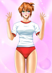  90s agent_aika alternate_costume arms_up bangs bare_legs blush brown_hair cosplay earrings female green_eyes gym_shirt gym_uniform looking_away looking_to_the_side open_mouth pixiv red_buruma shirt short_sleeves simple_background solo sumeragi_aika thighs white_shirt yuusuke_(ziyasu) 