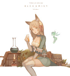  alchemist_(tree_of_savior) alchemy alcohol_burner animal_ears backpack bad_id bad_pixiv_id bag belt bottle breasts brown_hair cleavage collarbone commentary_request creature dress echosdoodle fairy female flask flower fox_ears green_dress green_eyes hair_flower hair_ornament head_tilt holding long_hair looking_at_another medium_breasts parted_lips photoshop_(medium) plant potted_plant round-bottom_flask sitting smile solo test_tube thighhighs tree_of_savior white_background white_thighhighs 