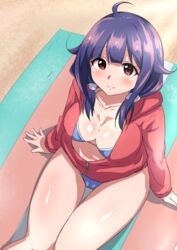  ahoge beach bikini breasts commentary_request female hair_flaps jacket kantai_collection large_breasts long_hair looking_at_viewer looking_up low_twintails purple_hair red_eyes sand senshiya sitting smile solo swimsuit taigei_(kancolle) twintails zipper 