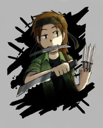  1other androgynous brown_hair coat commentary_request danmaku hair_over_one_eye headband holding holding_weapon knife knife_in_mouth kurohebi len&#039;en other_focus photoshop_(medium) short_hair short_sleeves smile solo weapon yamanoskk 