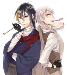  2boys back-to-back black_gloves black_hair blue_eyes commentary_request gloves highres japanese_clothes kiseru male_focus meimone mikazuki_munechika multiple_boys party_horn scarf smile smoking_pipe touken_ranbu tsurumaru_kuninaga white_hair yellow_eyes 