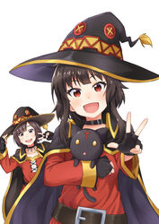  1other 2girls asymmetrical_bangs belt black_gloves brown_hair cape choker chomusuke collarbone commentary_request cosplay demon_wings dress feline fingerless_gloves gloves hand_on_headwear hat kono_subarashii_sekai_ni_shukufuku_wo! long_sleeves looking_at_viewer megumin megumin_(cosplay) multiple_girls naginoya open_mouth red_eyes short_dress short_hair simple_background smile takahashi_rie v voice_actor_connection white_background wings witch_hat yellow_eyes 