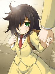  bags_under_eyes black_hair blush commentary_request female flat_chest green_eyes hair_over_one_eye holding_hands kuroki_tomoko long_hair md5_mismatch necktie qome resolution_mismatch school_uniform skirt smile source_larger watashi_ga_motenai_no_wa_dou_kangaetemo_omaera_ga_warui! 