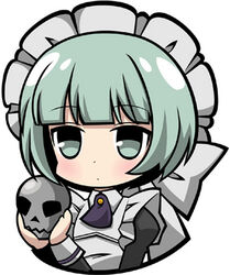  bad_id bad_pixiv_id blush chibi female green_eyes green_hair lowres maid maid_headdress original photoshop_(medium) short_hair simple_background skull solo syno upper_body white_background 