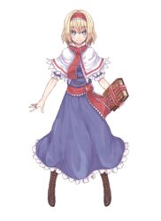  alice_margatroid blonde_hair blue_dress blue_eyes book boots capelet commentary_request cross-laced_footwear dress female full_body grimoire grimoire_of_alice hairband jewelry lolita_hairband looking_at_viewer mumulatte ring sash smile solo touhou transparent_background 