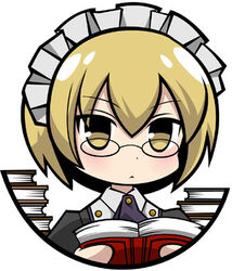  bad_id bad_pixiv_id blonde_hair blush book chibi female glasses lowres maid maid_headdress original short_hair simple_background solo syno upper_body white_background yellow_eyes 