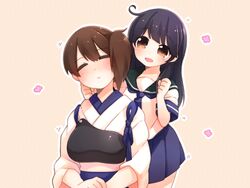  2girls armor black_hair brown_eyes brown_hair closed_eyes commentary_request japanese_clothes kaga_(kancolle) kantai_collection massage multiple_girls muneate nogi_(noooog) open_mouth ponytail school_uniform shoulder_massage side_ponytail ushio_(kancolle) 