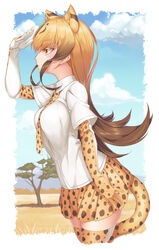  :| absurdres animal_ears animal_print arm_at_side bad_id bad_pixiv_id between_breasts blonde_hair blue_sky blush border breasts brown_eyes brown_hair cheetah_(kemono_friends) cheetah_ears cheetah_girl cheetah_print cheetah_tail closed_mouth cloud collared_shirt colored_eyelashes commentary cowboy_shot day expressionless extra_ears eyelashes female from_side gloves gradient_hair gradient_sky hand_on_own_forehead highres jpeg_artifacts kemono_friends large_breasts long_hair looking_afar looking_away mountain multicolored_eyes multicolored_hair necktie necktie_between_breasts neko7 outdoors outside_border photoshop_(medium) pleated_skirt print_thighhighs profile savannah shirt sidelocks skindentation skirt sky solo tail thighhighs tree tsurime two-tone_hair white_border white_shirt wing_collar yellow_eyes zettai_ryouiki 