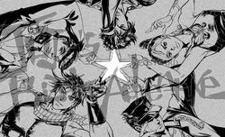  4boys battle_tendency chains commentary_request diamond_wa_kudakenai family female gakuran greyscale hat higashikata_josuke jojo_no_kimyou_na_bouken jonathan_joestar joseph_joestar joseph_joestar_(young) kujo_jolyne kujo_jotaro monochrome multiple_boys phantom_blood photoshop_(medium) pompadour scarf school_uniform seyo star_(symbol) star_hands stardust_crusaders stone_ocean striped_clothes striped_scarf v 