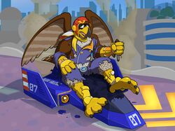  armor avian belt bird blue_falcon captain_falcon clothing colored destruction f-zero falcon falconid feet flying_vehicle gloves handwear headgear helmet kitsunekit male nintendo pheagle solo talons toes torn_clothing transformation vehicle 