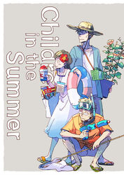  2boys bag braid brown_hair butterfly_net chin_strap commentary_request dress english_text facial_hair female flip-flops flower flower_pot food glasses goatee goggles goggles_on_head grey_background hair_flower hair_ornament hand_net hat hayashida_takahashi hibiscus holding holding_flower_pot holding_plant holding_swim_ring innertube insect_cage kawamoto_akari kooribata leg_hair looking_away looking_to_the_side morning_glory multiple_boys orange_flower orange_shirt plant potted_plant sandals sangatsu_no_lion shaved_ice shimada_kai_(sangatsu_no_lion) shirt shopping_bag simple_background snorkel squatting standing straw_hat sun_hat sundress swim_ring toge_(owannun) water_gun white_dress 