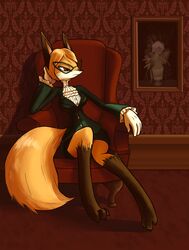  2016 alternative_fashion amber_eyes anthro armchair biped bottomwear breasts brown_body brown_fur candy_whip canid canine chair claws clothed clothing collar eyewear female fluffy fluffy_tail fox fur furniture glasses hair hi_res j-fashion jabot kurozu leaning looking_away mammal on_armchair orange_body orange_fur ouji_(fashion) painting paws sitting skirt solo tail teacher wallpaper wide_hips 