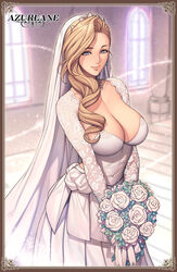  absurdres azur_lane blonde_hair blue_eyes blurry bouquet breasts bridal_veil cleavage copyright_name crown depth_of_field detached_sleeves dress female flower hair_over_shoulder highres hood_(azur_lane) hood_(rosey_love_poem)_(azur_lane) large_breasts long_sleeves mature_female oda_non official_alternate_costume rose solo veil wedding_dress white_flower white_rose 