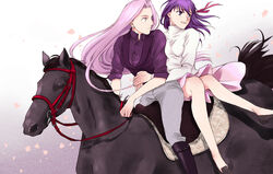  2girls alternate_costume animal ban_(gefuehl) commentary dress_shirt fate/hollow_ataraxia fate/stay_night fate_(series) highres horse horseback_riding long_hair matou_sakura medusa_(fate) medusa_(rider)_(fate) multiple_girls multiple_riders photoshop_(medium) pink_eyes pink_hair purple_eyes purple_hair reverse_trap riding saddle shirt sidesaddle waist_hold 