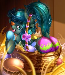  2015 ambiguous_gender ass basket blue_eyes bodypaint container cutie_mark earth_pony easter easter_basket easter_butt egg equid equine fan_character fur green_body green_fur green_hair hair hasbro hi_res holidays horse knifeh licking long_hair looking_at_viewer mammal my_little_pony paint painted_butt pony smile solo teeth tongue tongue_out 