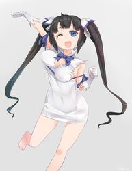  ajino_(sakanahen) arm_ribbon arm_up bare_shoulders barefoot black_hair blue_eyes blue_ribbon blush blush_stickers bow bowtie breasts cleavage cleavage_cutout clenched_hand clothing_cutout commentary_request covered_navel dress dungeon_ni_deai_wo_motomeru_no_wa_machigatteiru_darou_ka elbow_gloves female gloves grey_background hair_ornament hair_ribbon hestia_(danmachi) large_breasts leg_up long_hair looking_at_viewer one_eye_closed open_mouth pencil_dress rei_no_himo ribbon short_dress simple_background sleeveless sleeveless_dress smile solo twintails white_dress white_gloves 