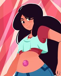  black_hair commentary_request dark-skinned_female dark_skin female fusion gem midriff shirt solo steven_universe stevonnie_(steven_universe) uzuluna 