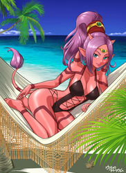  arm_support barefoot beach black_one-piece_swimsuit blue_eyes blue_sky body_markings breasts casual_one-piece_swimsuit circlet cleavage closed_mouth cloud collarbone colored_skin commentary cross-laced_clothes cross-laced_one-piece_swimsuit day dragon_quest dragon_quest_x earrings female full_body gem green_gemstone hair_ornament hair_scrunchie halterneck hammock headpiece high_ponytail horizon horns jewelry large_breasts long_hair looking_at_viewer luchenda_(dq10) lying navel ocean ogre ogre_(dq10) on_side one-piece_swimsuit outdoors palm_leaf palm_tree pointy_ears purple_hair purple_lips red_eyes red_scrunchie red_skin scrunchie shadow shiny_skin shoulder_spikes sidelocks signature sky smile solo spikes swimsuit tail tattoo thighs tree ur_(wulfa) v-shaped_eyebrows water wide_hips 