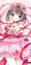  blue_eyes bow choker commentary_request female finger_ribbon garter_straps hair_ribbon hairbow hand_on_own_cheek hand_on_own_face heart idolmaster idolmaster_cinderella_girls jewelry kosuzume open_mouth pendant pink_bow pink_ribbon ribbon sakuma_mayu short_hair solo thighhighs 