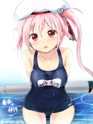  bare_shoulders beret blush collarbone commentary_request cosplay covered_navel female gin&#039;ichi_(akacia) hair_ornament harusame_(kancolle) hat i-19_(kancolle) i-19_(kancolle)_(cosplay) kantai_collection looking_at_viewer name_tag one-piece_swimsuit open_mouth pink_hair red_eyes school_swimsuit side_ponytail solo swimsuit torpedo translation_request twitter_username wet 