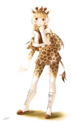  absurdres animal_ears animal_print artist_name belt blonde_hair blush boots breasts brown_eyes closed_mouth commentary_request contrapposto cross-laced_footwear female full_body giraffe_ears giraffe_horns giraffe_print giraffe_tail high-waist_skirt highres horns kemono_friends knee_boots long_hair looking_away medium_breasts multicolored_clothes multicolored_hair multicolored_legwear pantyhose pleated_skirt reticulated_giraffe_(kemono_friends) scarf shirt short_sleeves signature simple_background skirt sleeves_past_wrists solo standing stylecase tail two-tone_hair white_background white_footwear white_hair white_shirt 