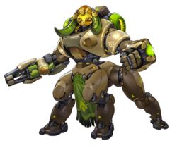  absurdres arm_cannon arnold_tsang centauroid clenched_hand full_body highres horns no_humans non-humanoid_robot official_art omnic orisa_(overwatch) overwatch overwatch_1 robot solo taur transparent_background weapon yellow_eyes 