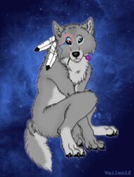  ambiguous_gender anthro biped blue_background blue_eyes bodypaint canid canine canis claws face_paint feathers flower fur grey_body grey_fur heterochromia hi_res mammal paws plant red_eyes simple_background sitting solo star vailwolf wolf 