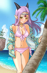  ass_visible_through_thighs beach bikini bikini_under_clothes blush breasts cleavage cloud collarbone commentary_request cowboy_shot day dragon_girl dragon_quest dragon_quest_x earrings embarrassed estella_(dq10) female front-tie_bikini_top front-tie_top groin headpiece hood hoodie horns jewelry long_hair looking_at_viewer medium_breasts navel necklace ocean open_clothes open_hoodie outdoors palm_tree pink_bikini pointy_ears purple_hair scales side-tie_bikini_bottom signature sky sleeves_past_wrists smile solo standing swimsuit tree ur_(wulfa) wind yellow_eyes 