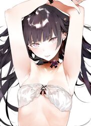  armpits arms_up black_choker black_hair blunt_bangs bra breasts choker cleavage collarbone commentary_request female flower flower_choker highres lace lingerie long_hair original pink_eyes purple_flower shunsei_(muratou) simple_background small_breasts solo strapless strapless_bra tongue tongue_out tsurime underwear upper_body very_long_hair white_background 